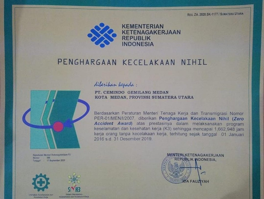 ZAA (Zero Accident Award) For Medan Plant in 2020 from ministry of manpower