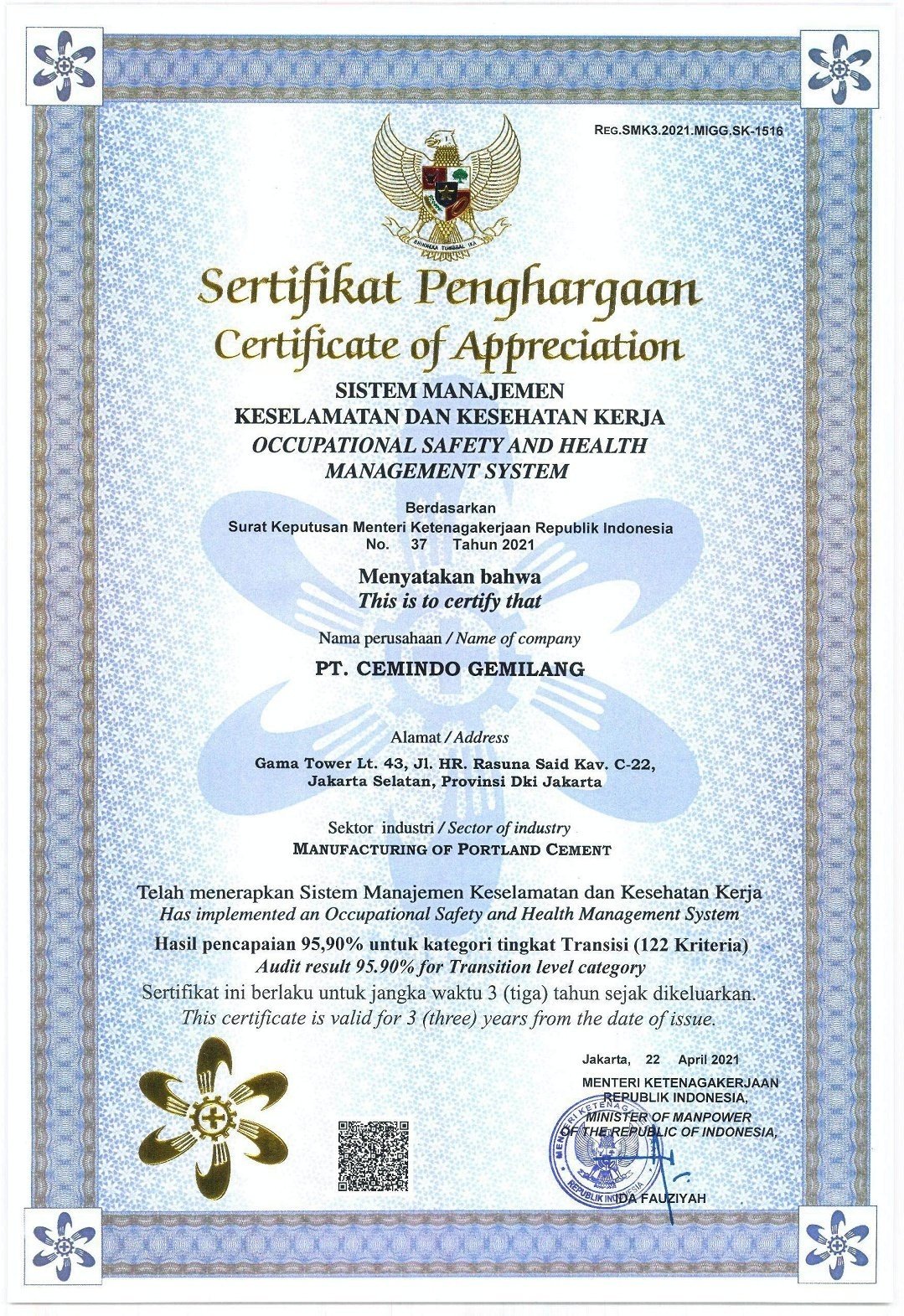 Certificate of Appreciation Occupational Safety and Health Management System